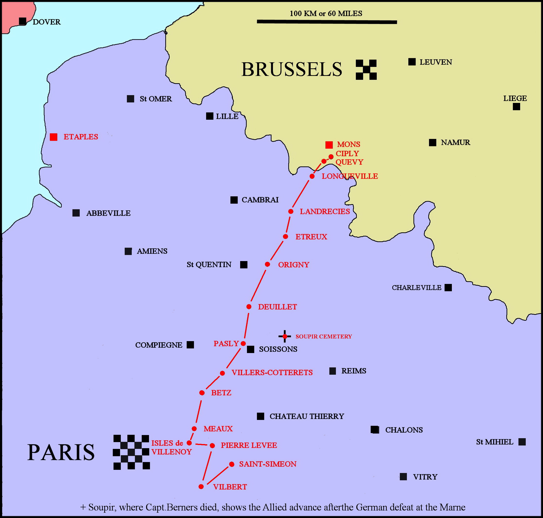 Route of Mons Retreat as given by Captain Berners, 4th Guards Brigade, August 1914